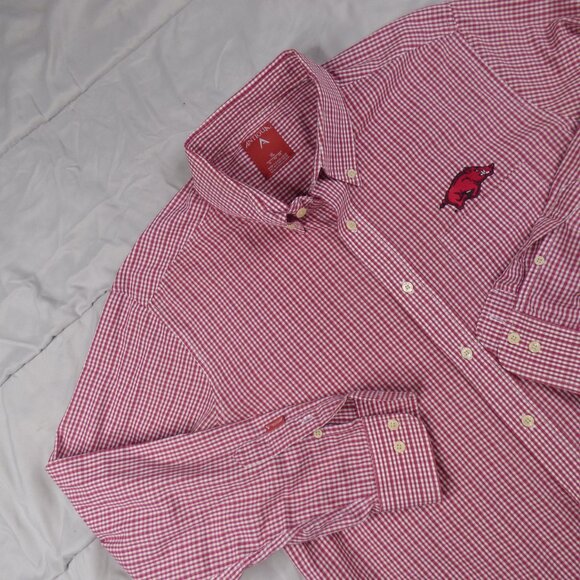 Arkansas Razorbacks Shirt Men XL Red Button Up Dress Check Plaid Pocket Adult - Picture 3 of 10